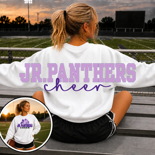 Front and back views of the white Royal Valley Jr. Panthers cheer crewneck with oversized back print