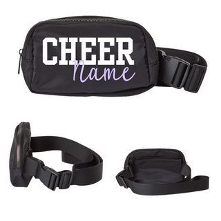 Black Royal Valley Jr. Panthers Cheer belt bag personalized with a name and shown from the front, side, and back.