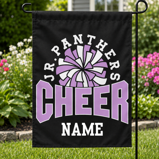 Black Royal Valley Jr. Panthers Cheer garden flag personalized with a name and displayed on a garden flag stand.