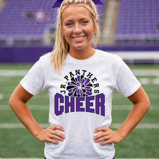 Royal Valley Jr. Panthers Cheer Pom Burst Top worn by a cheerleader on a football field
