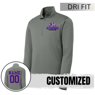 Grey Royal Valley Jr. Panthers Cheer Pom Dri-Fit quarter-zip pullover with optional purple name and number on the back.