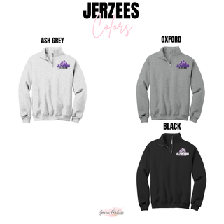 Royal Valley Jr. Panthers Cheer Pom fleece quarter-zip pullovers shown in ash grey, Oxford, and black.