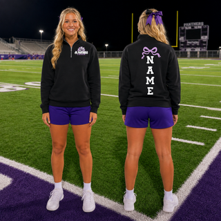 Black Royal Valley Jr. Panthers Cheer Pom fleece quarter-zip shown from the front and back with optional vertical name and bow personalization.