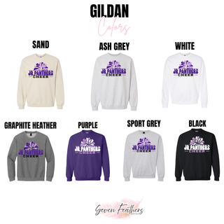 Royal Valley Jr. Panthers Cheer Pom Gildan crewnecks shown in sand, ash grey, white, graphite heather, purple, sport grey, and black.