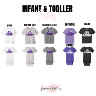 Royal Valley Jr. Panthers Cheer Pom infant and toddler apparel shown in white, heather grey, granite heather, lavender, purple, and black.