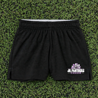 Black Royal Valley Jr. Panthers Cheer Pom Jersey Knit Squad Shorts with white exposed waistband and cheer artwork.