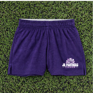 Purple Royal Valley Jr. Panthers Cheer Pom Jersey Knit Squad Shorts with white exposed waistband and cheer artwork.
