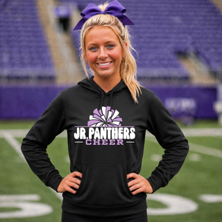 Cheerleader wearing a black Royal Valley Jr. Panthers Cheer Pom Performance Fleece Hoodie on a football field.