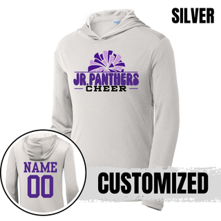 Silver Royal Valley Jr. Panthers Cheer Pom PosiCharge Competitor hoodie with optional purple name and number personalization on the back.