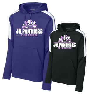 Royal Valley Jr. Panthers Cheer Pom Sport-Wick Fleece United hoodies shown in purple with white and black with white.