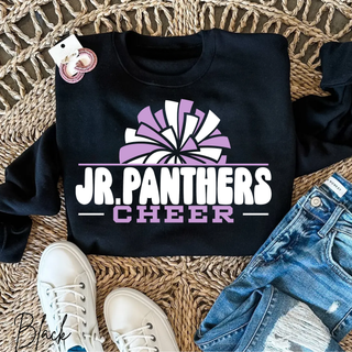 Black Royal Valley Jr. Panthers Cheer Pom Top featuring purple and white pom artwork.