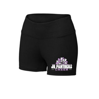 Black Royal Valley Jr. Panthers Cheer Pom women’s 3-inch interval shorts with purple and white cheer artwork.