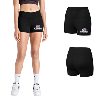 Model wearing black Royal Valley Jr. Panthers Cheer Pom women’s 3-inch interval shorts with front and back product views.