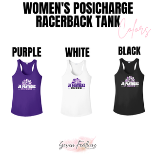 Royal Valley Jr. Panthers Cheer Pom women’s PosiCharge racerback tanks shown in purple, white, and black.