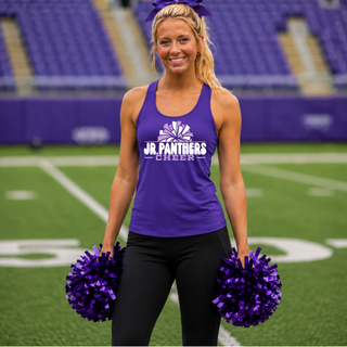 Cheerleader wearing a purple Royal Valley Jr. Panthers Cheer Pom women’s racerback tank and holding purple pom-poms on a football field.