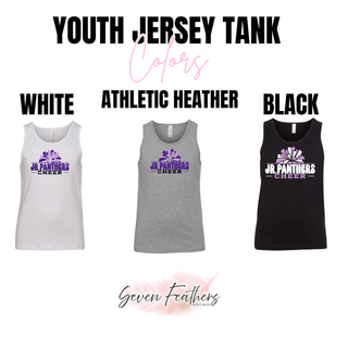 Royal Valley Jr. Panthers Cheer Pom youth jersey tanks shown in white, Athletic Heather, and black.