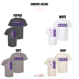 Royal Valley Jr. Panthers Cheer front and back print tees shown in pepper, white, grey, and ivory.