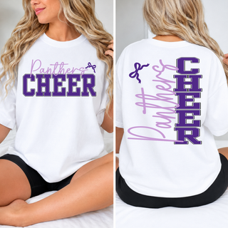 Front and back views of a white Royal Valley Jr. Panthers Cheer top with purple script lettering and bow accents.