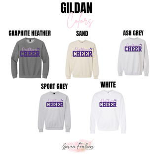 Royal Valley Jr. Panthers Cheer crewnecks shown in graphite heather, sand, ash grey, sport grey, and white.
