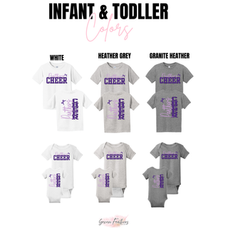Royal Valley Jr. Panthers Cheer infant bodysuits and toddler tees with front and back graphics in white, heather grey, and granite heather.