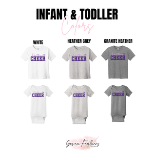 Royal Valley Jr. Panthers Cheer infant bodysuits and toddler tees shown in white, heather grey, and granite heather.