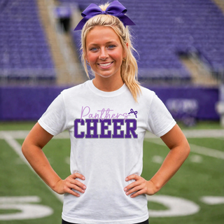 Model wearing a white Royal Valley Jr. Panthers Cheer top with purple script lettering, varsity-style Cheer text, and a bow accent.