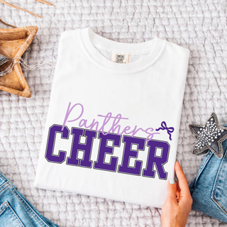 Folded white Royal Valley Jr. Panthers Cheer top featuring purple script lettering and a small bow accent.