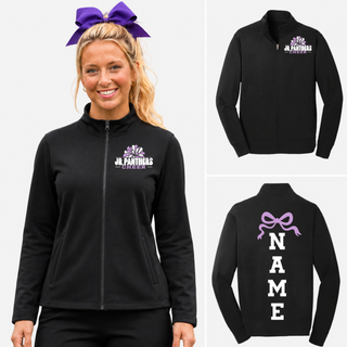 Black Royal Valley Jr. Panthers Cheer Sport-Wick warm-up jacket with a left-chest graphic and vertical name graphic on the back.