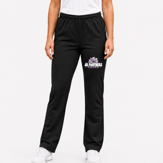 Black Royal Valley Jr. Panthers Cheer Sport-Wick warm-up pants with a purple and white cheer graphic on the upper leg.