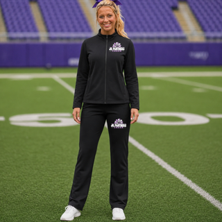 Model wearing a black Royal Valley Jr. Panthers Cheer full-zip warm-up jacket with coordinating black pants.