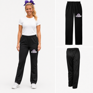 Model wearing black Royal Valley Jr. Panthers Cheer warm-up pants with an upper-leg cheer graphic.
