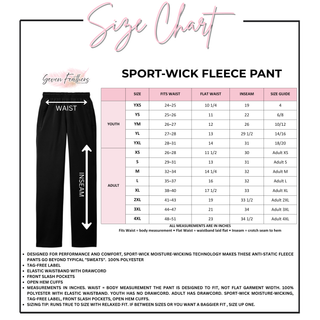 Youth and adult size chart for Royal Valley Jr. Panthers Cheer Sport-Wick warm-up pants.
