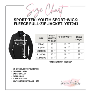 Youth size chart and product features for the Royal Valley Jr. Panthers Cheer Sport-Wick warm-up jacket.