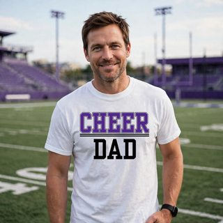 Man wearing a white Royal Valley Jr. Panthers collegiate Cheer Dad top on a football field