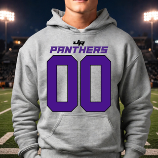 Royal Valley Jr. Panthers Custom Number Jersey Top shown on a sport grey hoodie with sample number 00