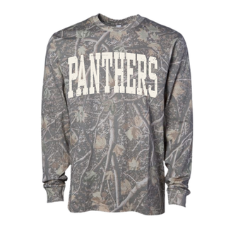 Royal Valley Jr. Panthers Distressed Arch Camo Long Sleeve Top with cream PANTHERS wordmark