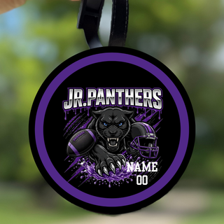 Royal Valley Jr. Panthers fierce football bag tag with black panther, football, helmet, custom name, and player number