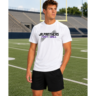 Royal Valley Jr. Panthers Football claw design shirt worn by model on football field in Hoyt Kansas