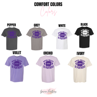 Royal Valley Jr. Panthers distressed football graphic on Comfort Colors tees in multiple colors