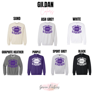 Royal Valley Jr. Panthers football crewneck sweatshirts in sand, grey, white, purple, and black