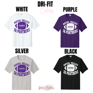 Royal Valley Jr. Panthers football performance tops available in white, purple, silver, and black
