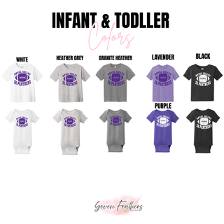 Royal Valley Jr. Panthers football tees and infant bodysuits in white, grey, lavender, purple, and black