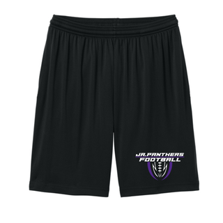 Black Royal Valley Jr. Panthers cooling performance shorts with white and purple football shield artwork
