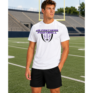Royal Valley Jr. Panthers Football Shield Top worn by a model on a football field