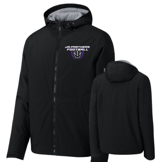 Black Royal Valley Jr. Panthers football shield waterproof insulated jacket shown from the front and back