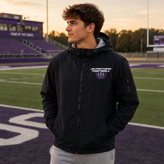 Royal Valley Jr. Panthers football shield waterproof insulated jacket worn at a football field