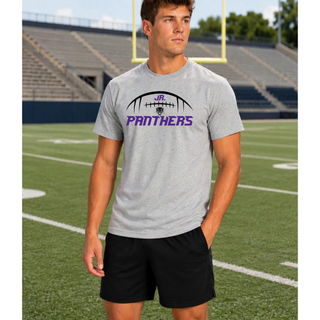 Model wearing a grey Royal Valley Jr. Panthers Goal Line Football Top on a football field