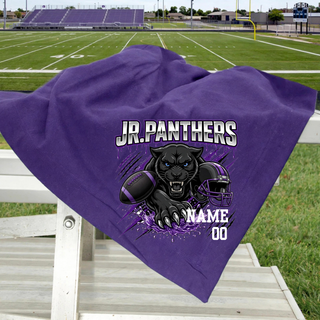 Royal Valley Jr. Panthers Panther Attack football stadium blanket in purple with personalized name and number