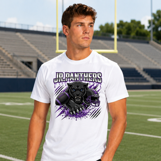 Model wearing a white Royal Valley Jr. Panthers Panther Attack Football Top