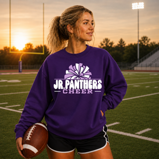 Oversized Jr. Panthers Cheer lettering across the back of a purple crewneck sweatshirt